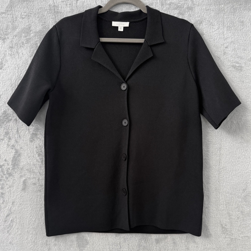 All:Row Black Knit Button Front Collared Short Sleeve Top Women's Small S